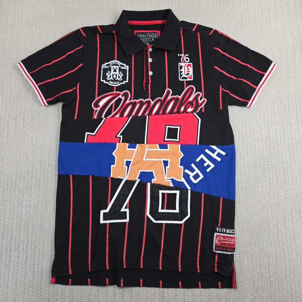 Heritage America Shirt Mens Medium Black Red‎ Vandals 76 Polo Graphic Jersey